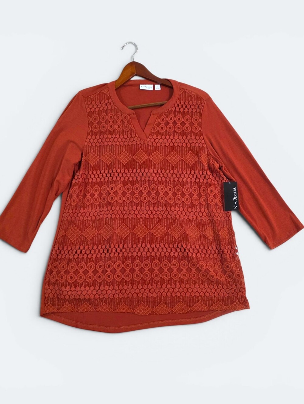NEW Kim Rogers NWT Petite Large Rust Orange Crochet Lace Tunic Top PL